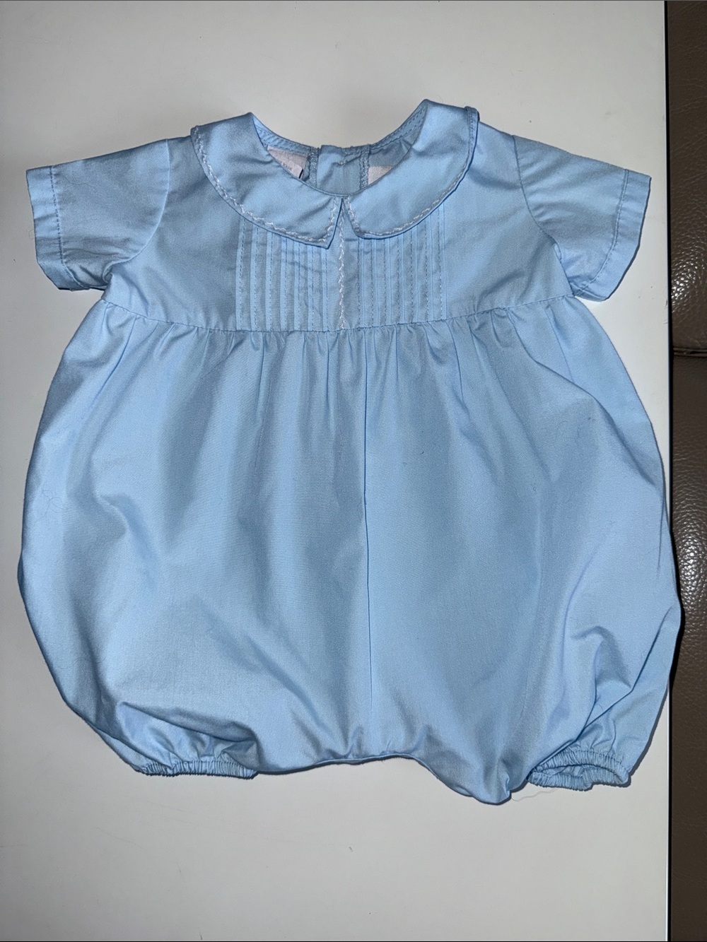 Smocked Giraffe Light Blue Baby Bubble Romper with Peter Pan Collar S 3M
